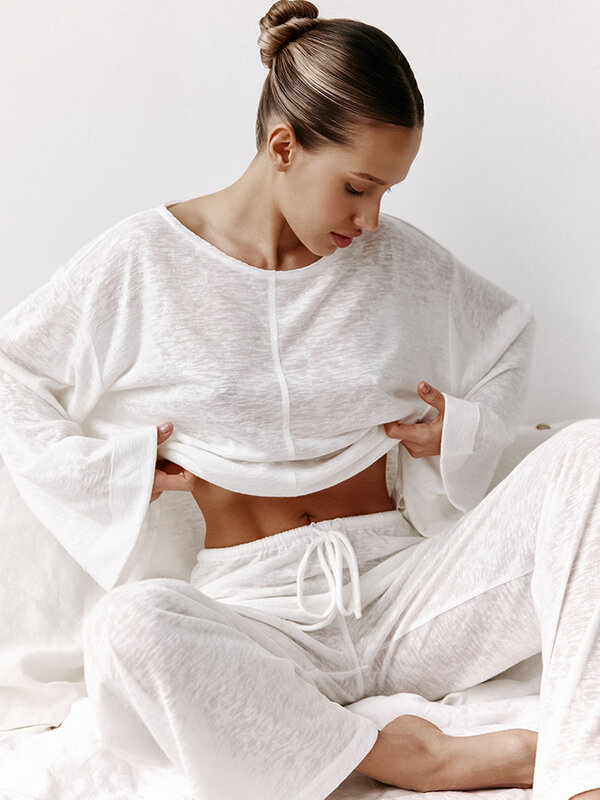 Hiloc Transparent Loose Sleepwear Women's Home Clothes Round Neck Two-Piece Set Long Sleeve Drawstring Home Suit For Women Sets
