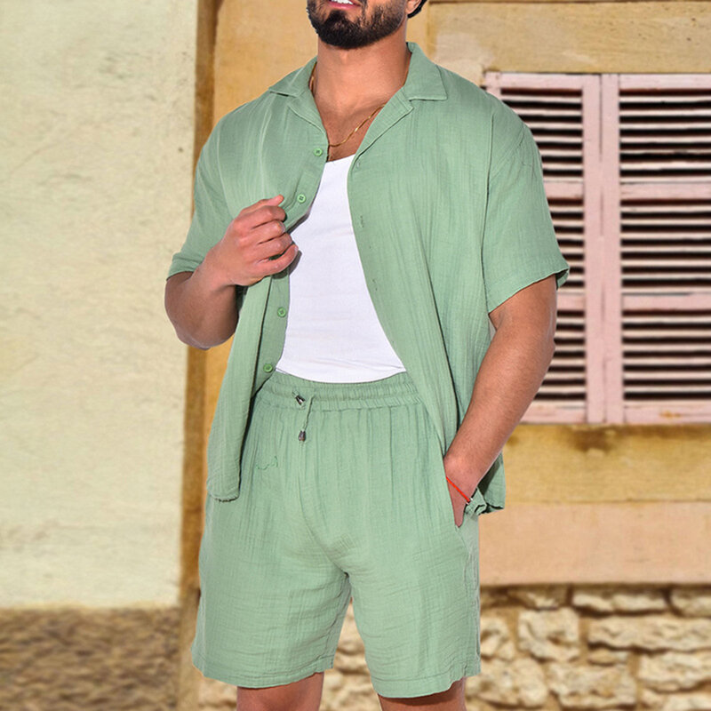 Suit Two-piece Set Daily Holiday Solid Summer Two-piece Set Casual Lapel Linen Suit Shirts Shorts Summer Comfy
