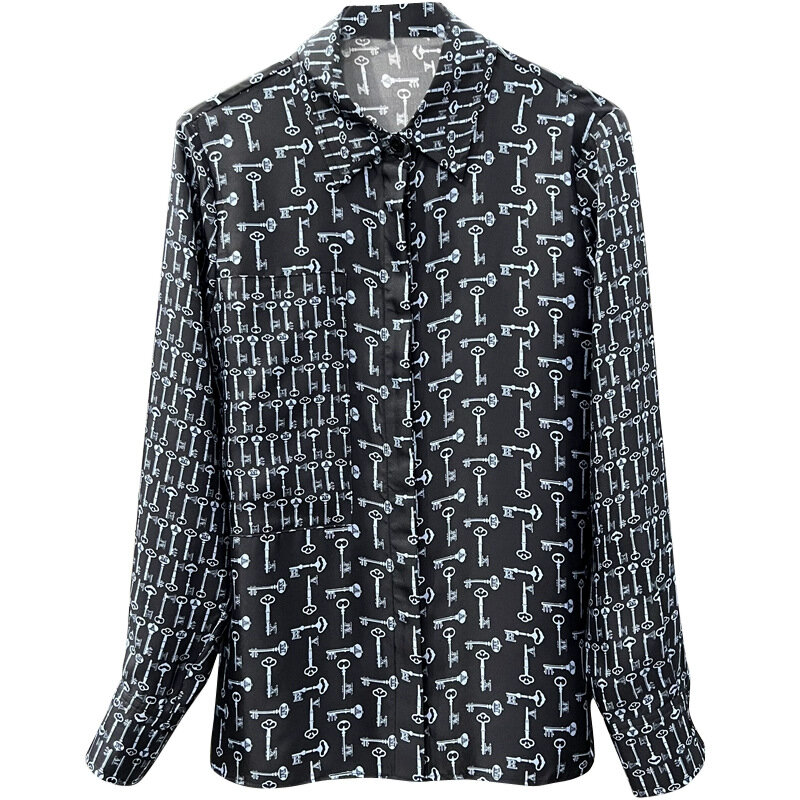 Blusa de manga larga con estampado de llaves para mujer, camisa de seda de sarga con bolsillo, cuello vuelto, Retro, elegante, alta calidad