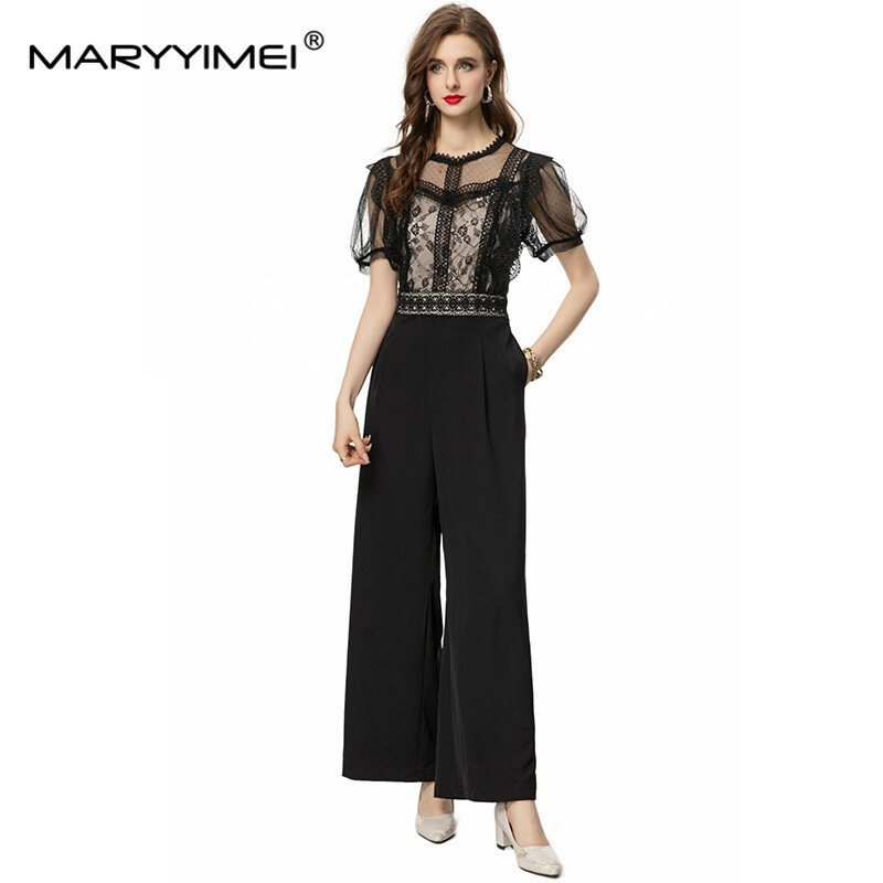 MARYYIMEI 패션 디자이너 용수철 여성용 O-넥 퍼프 슬리브 메쉬 레이스 할로우 아웃 프린트 와이드 레그 블랙 점프수트, 여름
