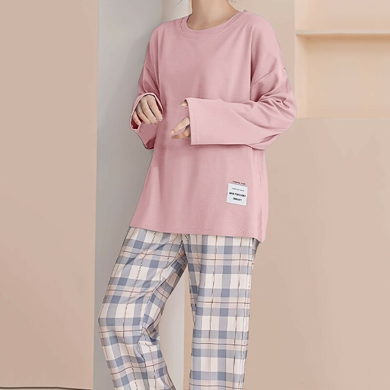 Conjunto de pijamas de mangas compridas de algodão feminino, terno confortável, roupa para adolescentes, lingerie feminina, calça xadrez, camisola