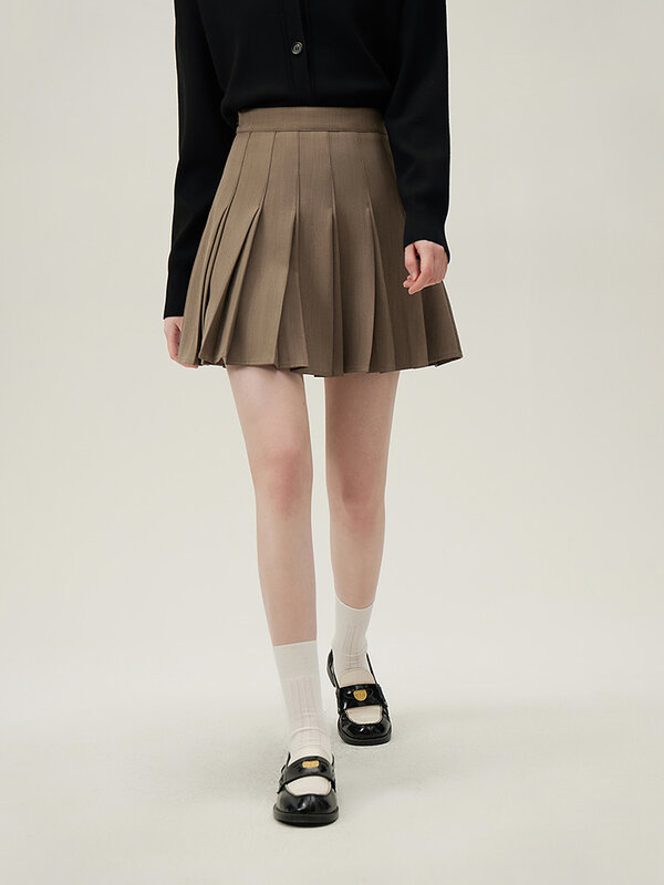 FSLE 【3 Colors】Office Lady Twill Pleated Apricot Above-Knee Length Skirts High Waist Zipper Waist Spring Mini Skirt 24FS11141