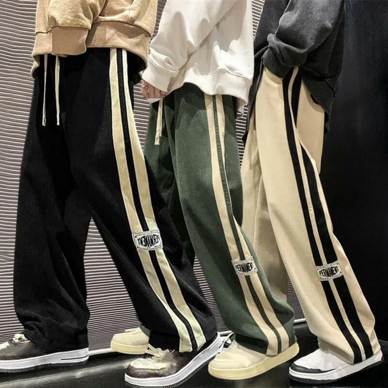 Men Drawstring Pants Retro Striped Men's Sweatpants with Elastic Waist Wide Leg for Comfortable Street Style Soft for Casual