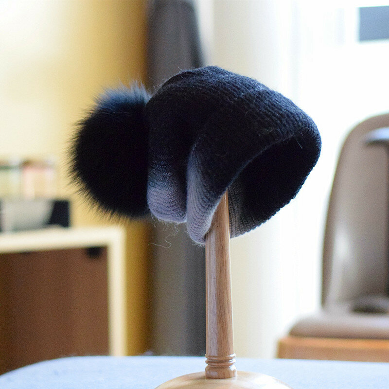 New Woman Fox Fur Ball Hats Rabbit Fur Winter Pullover Cap Female Fur Pom Poms Ski Hat Two Color Stitching Beanies Gradient Hat