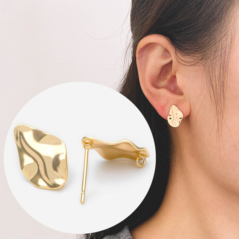 물결 모양의 눈물방울 질감 이어 포스트, 기하학적 스터드 귀걸이 부품 (GB-1295), 18K 금도금 황동, 15x10mm, 10 개