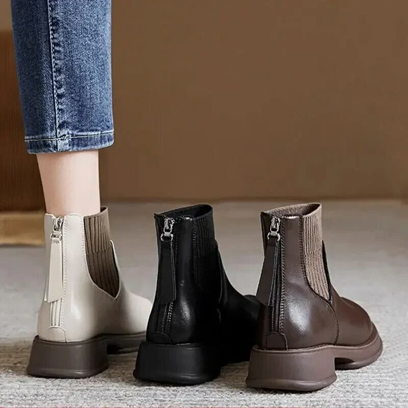 English Style Zippered Women's Thick Soled Socks Boots Women New Chelsea Short Boots Autumn Winter 2024 Comfortable Durable