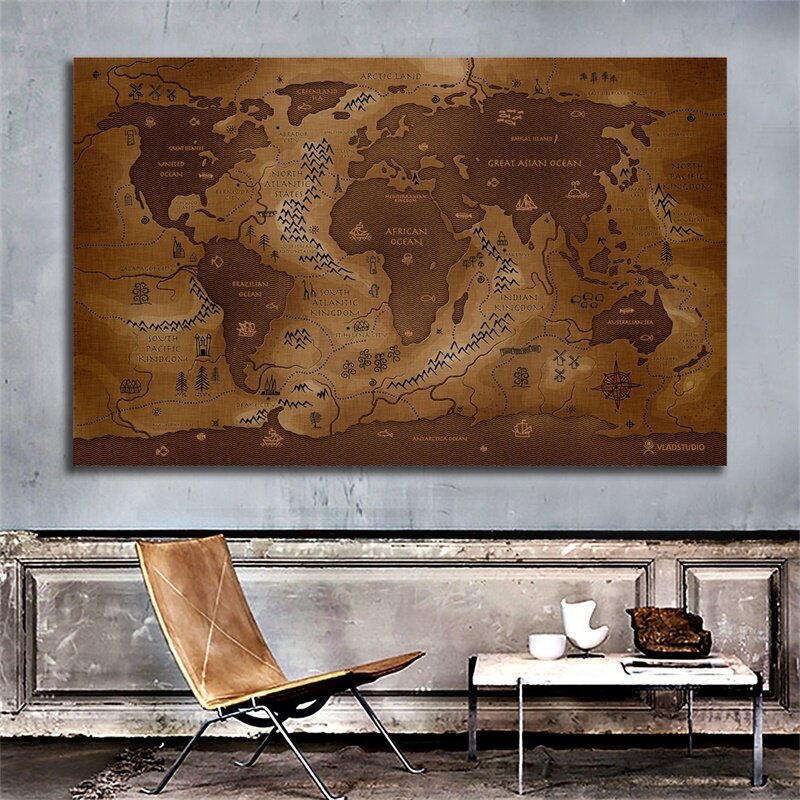 90*60cm Vintage World Map Non-woven Canvas Painting Retro Poster Wall Art Prints Living Room Home Decoration School Supplies
