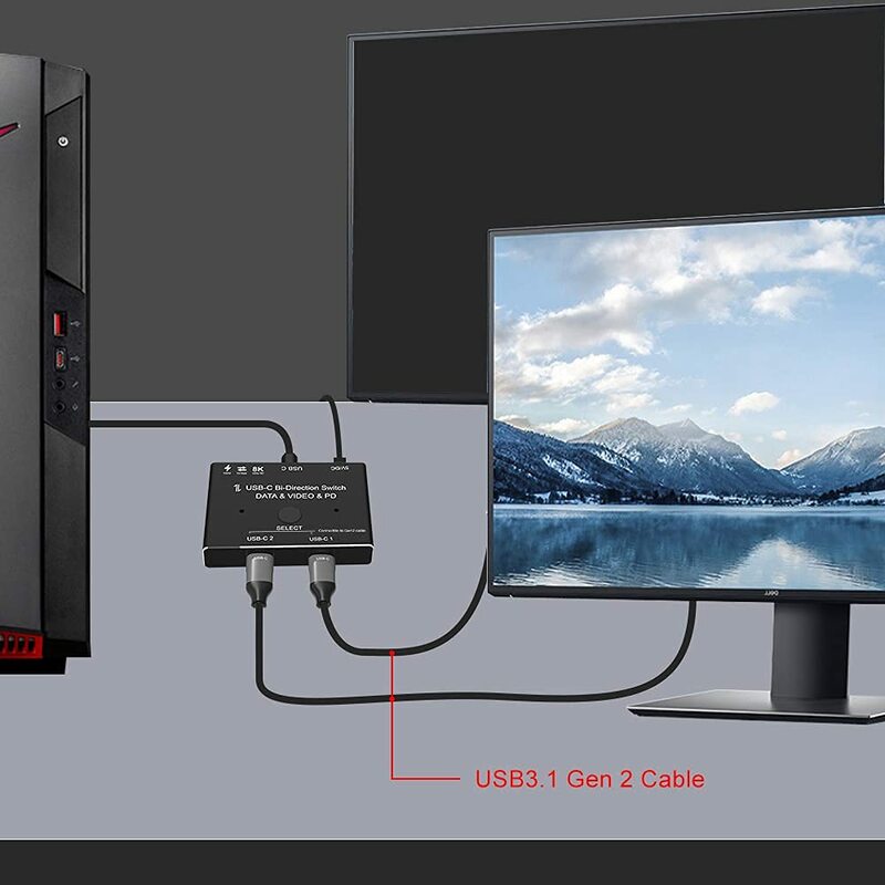 KVM Data Video Switcher para PC Monitor, Multi-Source para Celular, Divisor de 2 Vias, USB C, 2x1, USB 3.1, PD 8K @ 30Hz, 100W