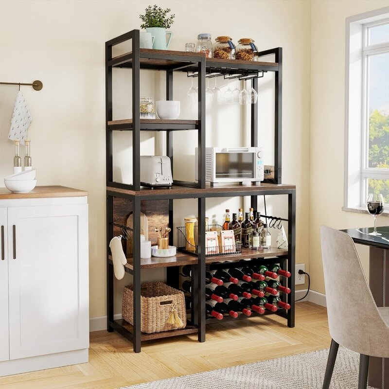 Kitchen Microwave Bakers Stand Wine Rack Freestanding Floor Tall Farmhouse Shelf Dining Room Hutch 35 Inch Large Rustic Brown
