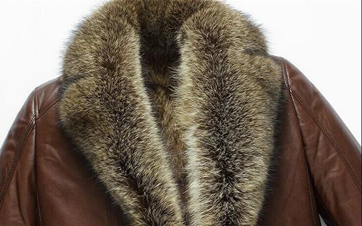 Jaket kulit sapi asli untuk pria, mantel kulit sapi asli kerah bulu rakun asli untuk pria XXL