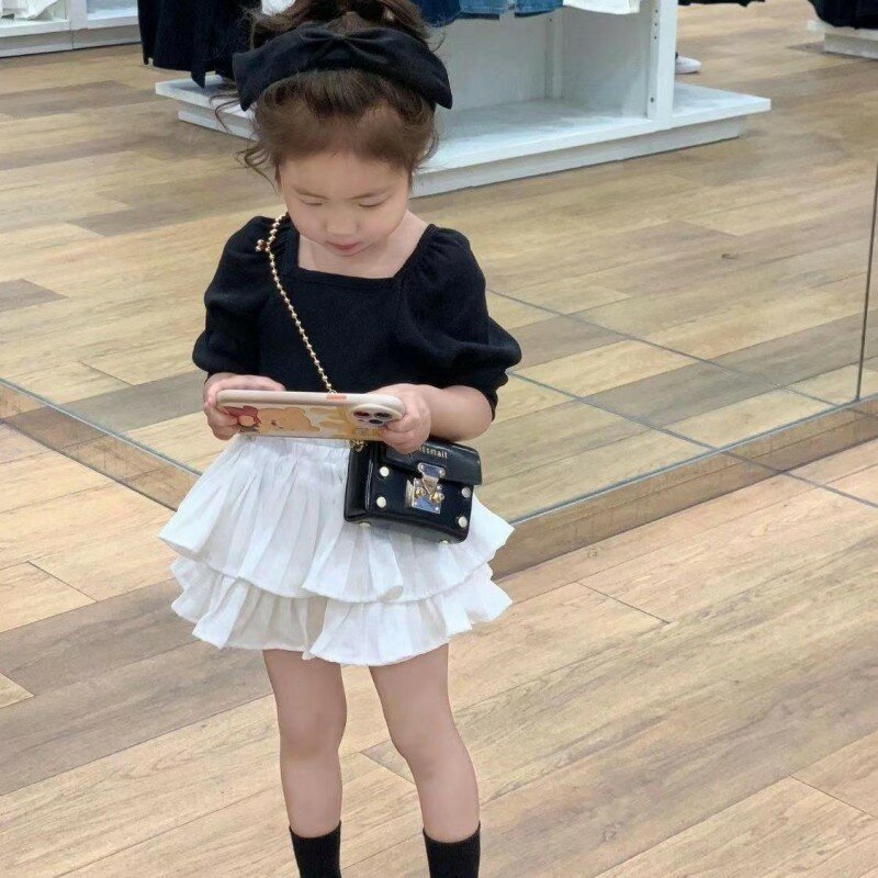 Süße Mädchen Rock Sets koreanische Version Sommer neue Mode Kinder Colthes Sets schwarze T-Shirts weißen Rock Baumwolle