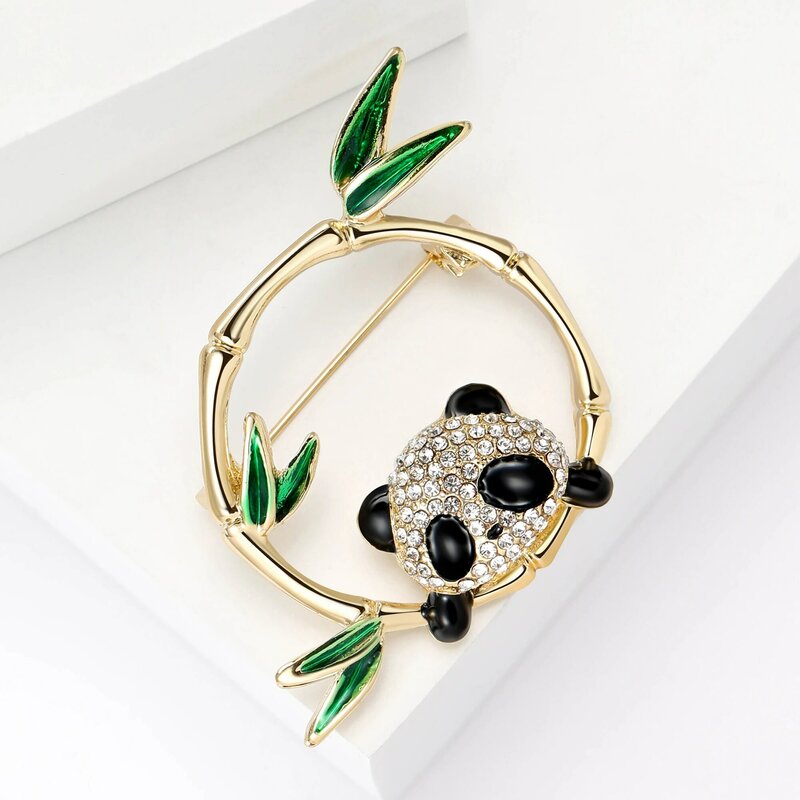 Cute Rhinestone Bamboo Circle Panda Brooches for Women Unisex Animal Pins Casual Party Accessories Gifts