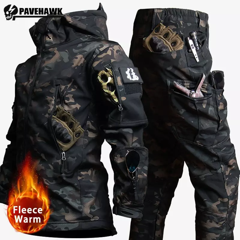 Tactical Waterproof Men Camo Set Soft Shell Fleece Winter Combat Suit Windbreak Warm Multi Pocket Outdoors Training Uniform