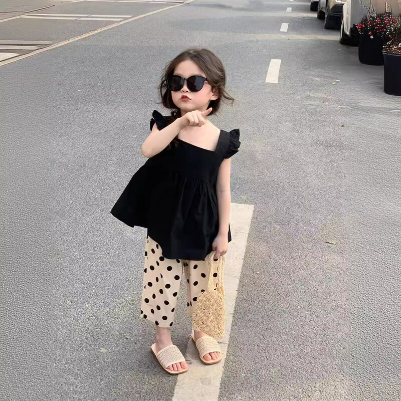 Summer Ins Infant Baby Girl Two-piece Clothes Set Cotton Solid Ruffle Sleeve Tank Top Dot Elastic Waist Pant Little Girl Outfits