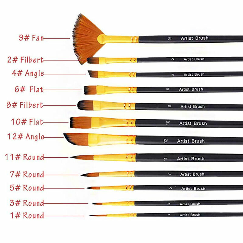 12Pcs Artist Paint Brush Set Round Flat Tip Nylon Hair Paint Brush Set Wood Handle for Water Color Acrylic Oil Painting Brushes