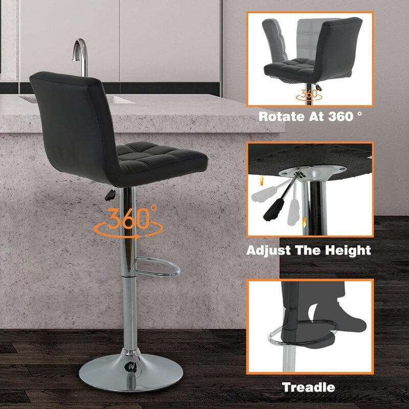 Modern Bar Stool Set of 2 Barstools Height Adjustable Counter Height Swivel Bar Stool PU Leather Bar Chairs