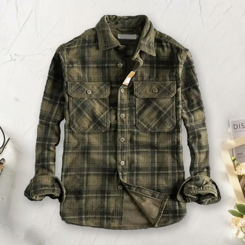 Plaid Shirt Men's Plaid Print Cardigan Coat with Turn-down Collar Single-breasted Closure Mid Length Formal Shirt for Fall