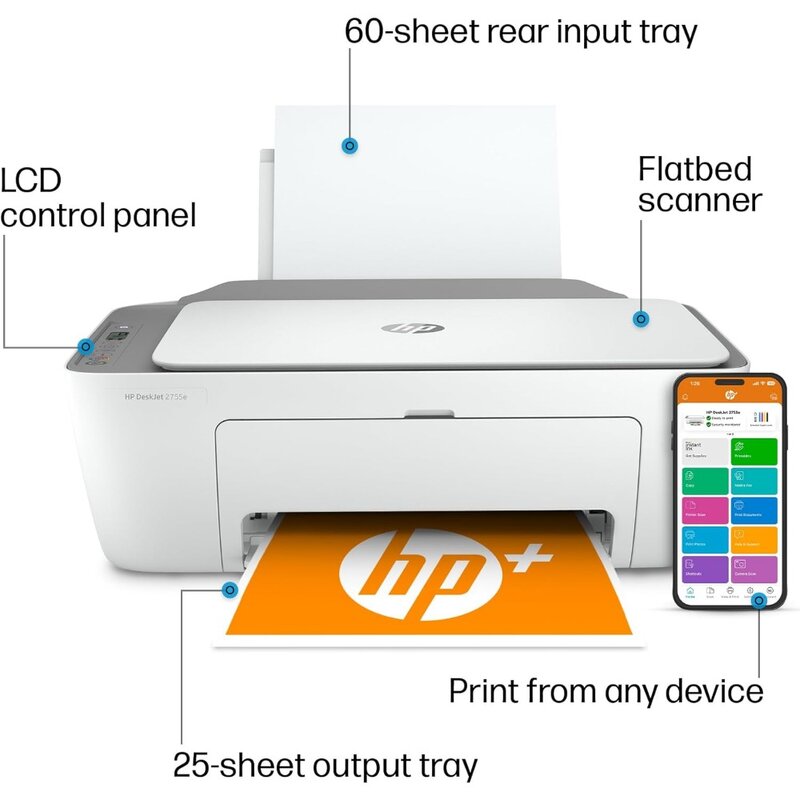 DeskJet 2755e Wireless Color inkjet-printer, Print, scan, copy, Easy setup, Mobile printing, Best-for home, Instant Ink