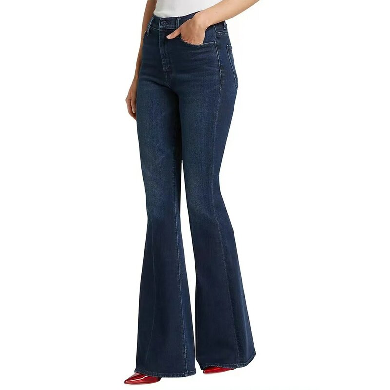 A 2024 early spring new high waisted deep blue midline slim fit and slim fit large horn denim women's pants MO508