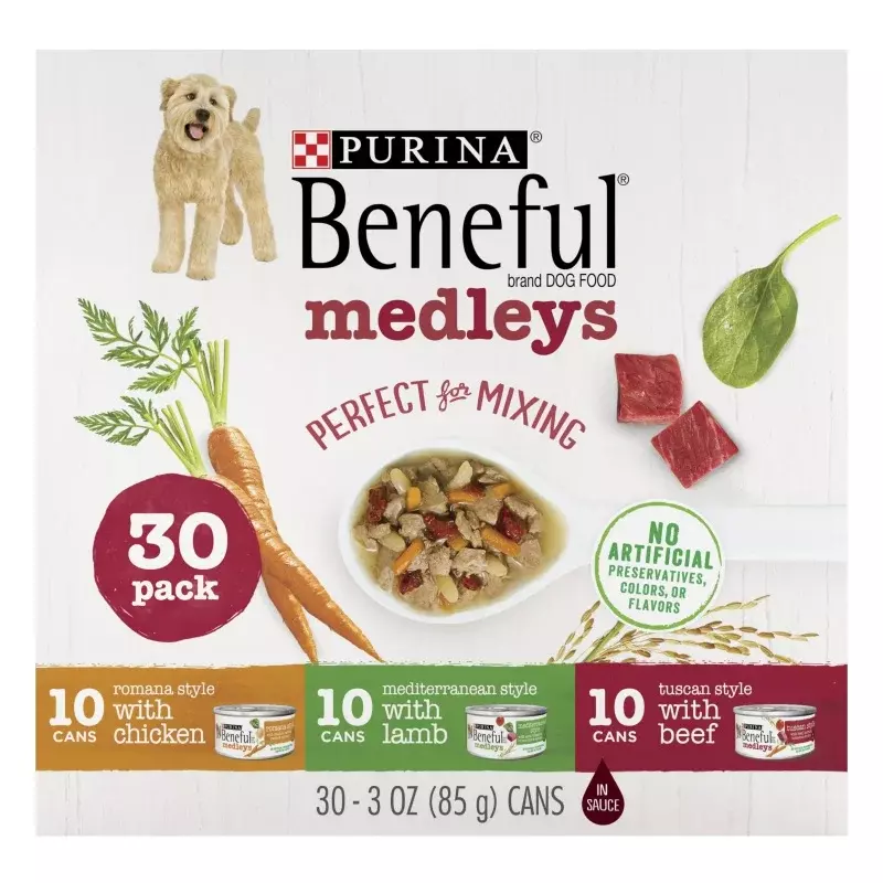 Purina Beneful Medley Wet Dog Food para cães adultos, Pacote de variedades, Real Chicken, Lamb & Beef, 3 oz Latas, Pacote 30