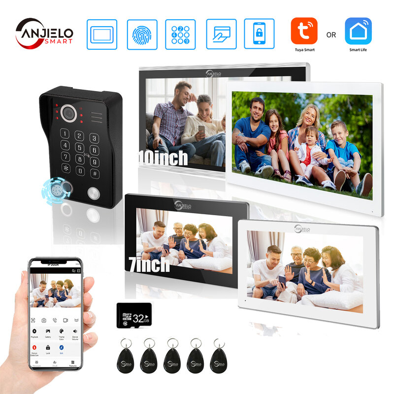 Tuya-Interphone vidéo avec écran tactile, interphone avec sonnette filaire, 7/10 P, 1080 °, WiFi, mot de passe, carte d'empreintes digitales, moniteur de balayage, 148 pouces