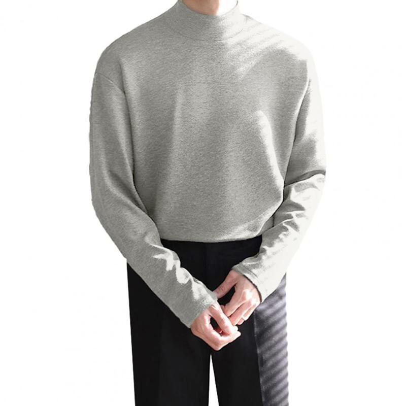 Men Fall Winter Bottom Top Half-high Collar Elastic Warm Long Sleeves Soft Pure Color Pullover Loose Casual Daily Wear Jumper