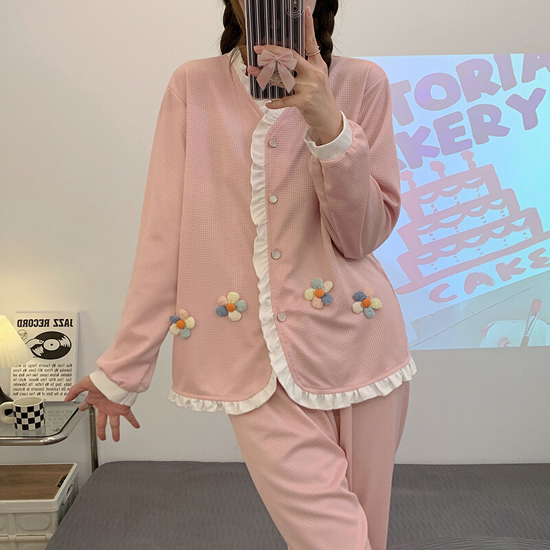 Spring and Autumn New Knitted Cotton Pajamas Women's V-neck Cardigan Long Sleeve Pants Korean Sweet and Cute Girl Home Suit Set