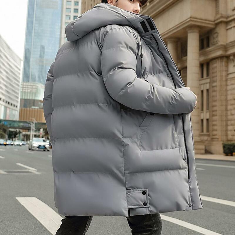 Zimowa męska wygodna modna przystojna średniej długości puchowa kurtka z kapturem, gruba ocieplana kurtka utrzymuj ciepło rozpinana męska kurtka zimowa