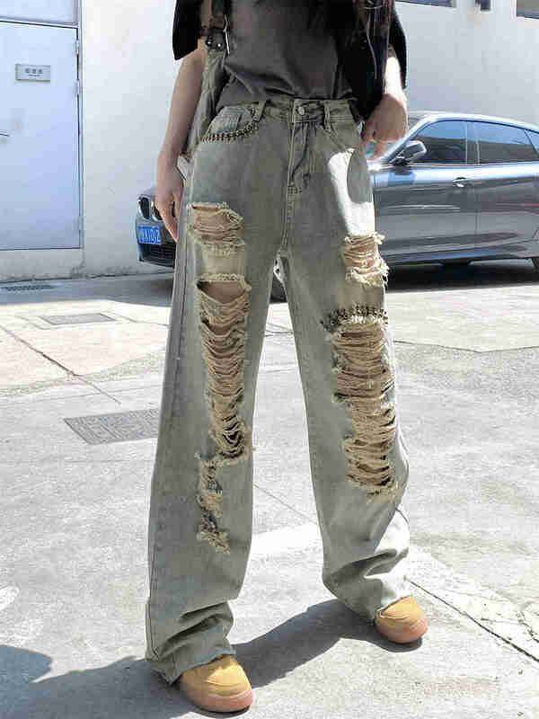 Женские джинсы с отверстиями для лета, свободные драпированные прямые брюки с высокой талией и широкими штанинами в стиле хип-хоп