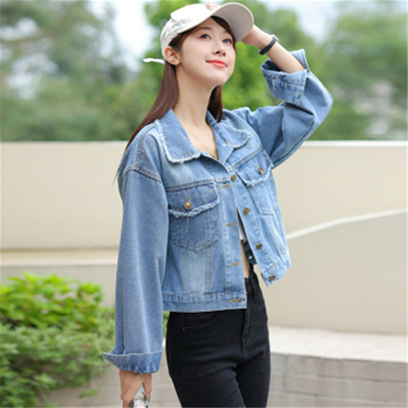 light blue Jeans Coat Women Tops 2024 New Korean Style Loose Design Denim Short Coat Women's Long Sleeve Retro Jacket Small Top