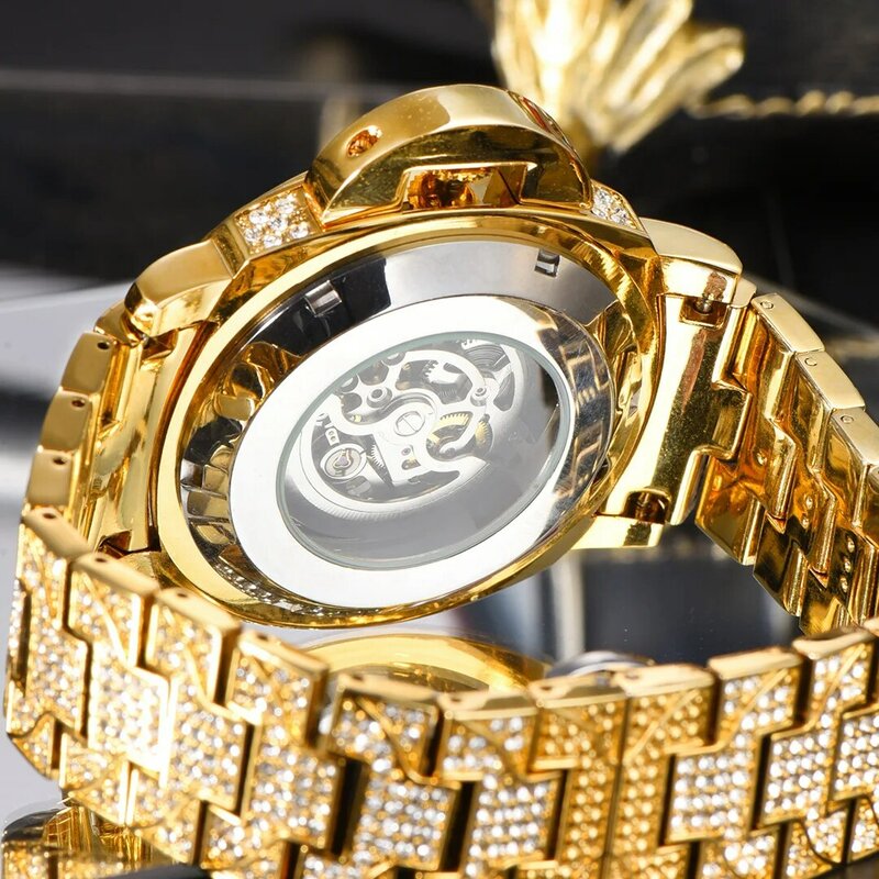 Iced Out Diamanten Horloges Voor Mannen Skeleton Tourbillon Automatic Heren Horloges Set Cubaanse Ketting Mechanische Polshorloge Gold Relogio