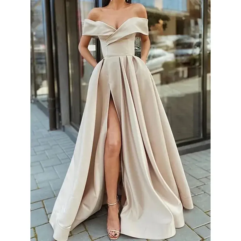 Wakuta gaun Prom panjang bahu terbuka wanita seksi gaun pesta malam Satin Formal punggung terbuka belahan tinggi Vestidos dengan saku