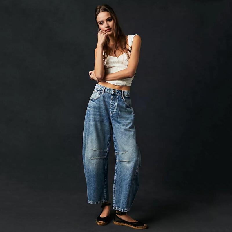 Damen Jeans mit weitem Bein Retro weites Bein Damen Jeans hose stilvolle Hop Streetwear mit Taschen Knopf-Reiß verschluss für eine lose