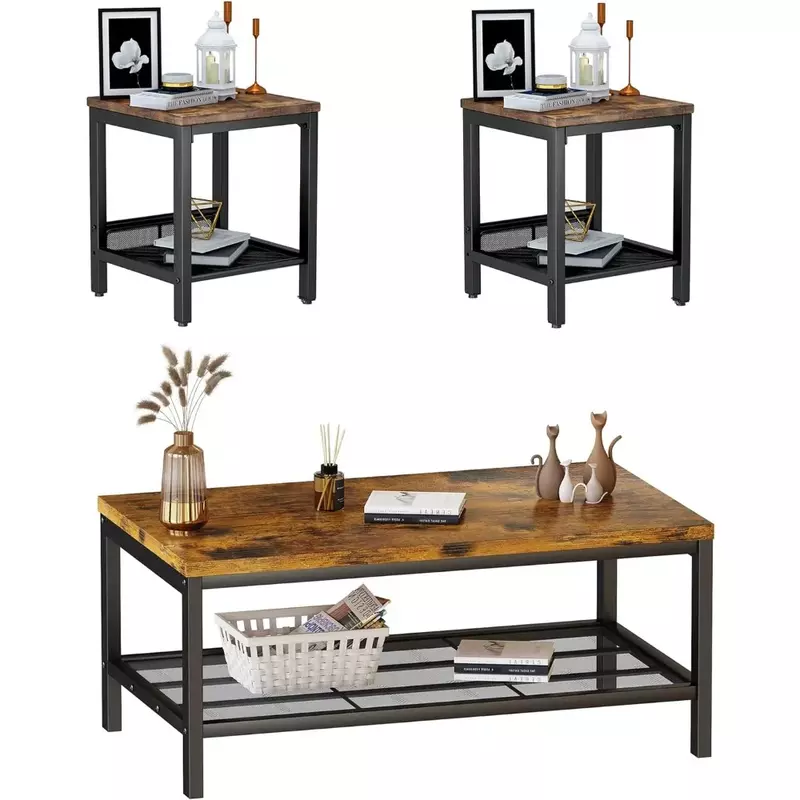 3 Pieces Coffee Table Set, Industrial Coffee Table with 2 Square End Side Tables, Table Set with Metal Frame