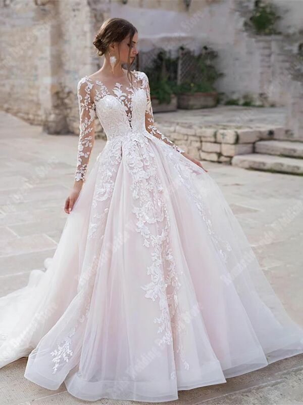 Suknie ślubne z okrągłym kołnierzem z długimi rękawami jasne tiulowe suknie ślubne bez pleców nowe linie do mopowania kobiet Vestidos De Novias