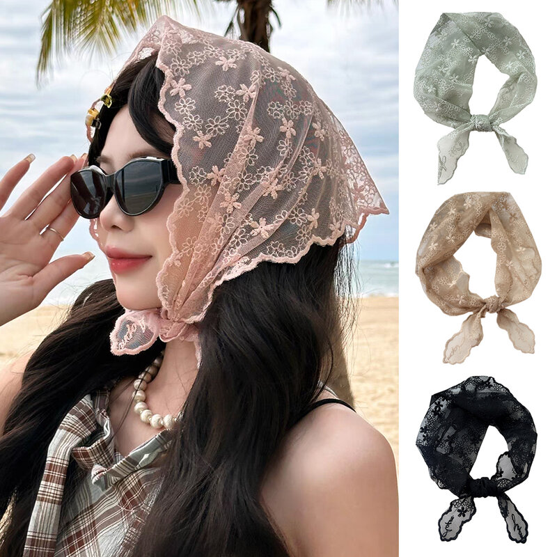 Kwiatowe szaliki koronkowe trójkątny szalik Vintage przeciwsłoneczne chusty letnie jedwabne włosy akcesoria modne urocze nakrycia głowy