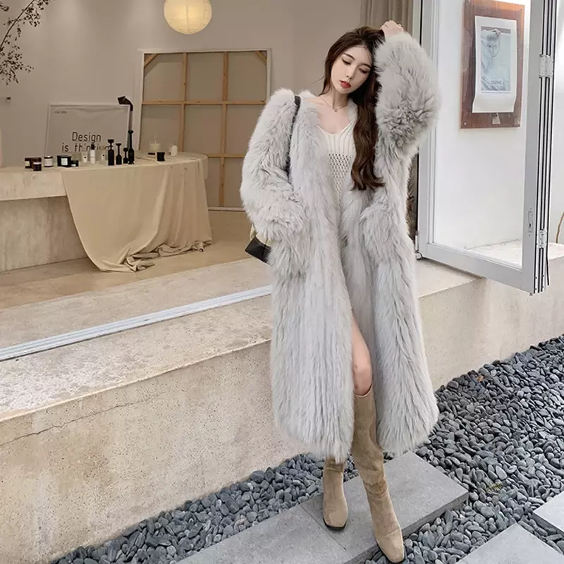 Casaco de pele de raposa inverno feminino, parka de alta qualidade, jaqueta de pelúcia feminina, algodão acolchoado, muito quente, longo, tamanho grande, luxo, 2024