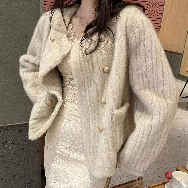 Abrigos lujosos de lana de visón para mujer, chaquetas de lana de una pieza, ropa de invierno