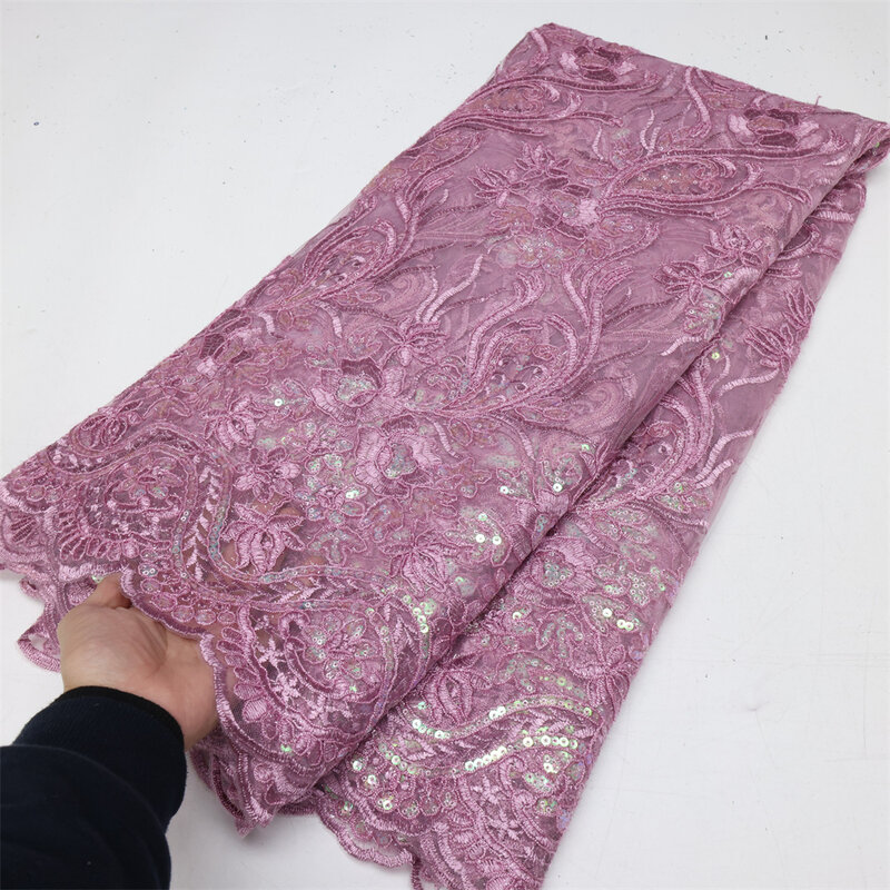 New French Tulle Lace Fabric 5 Yards 2023 High Quality Nigerian Wedding Sequins Embroidery African Lace Fabric Sewing LY2097