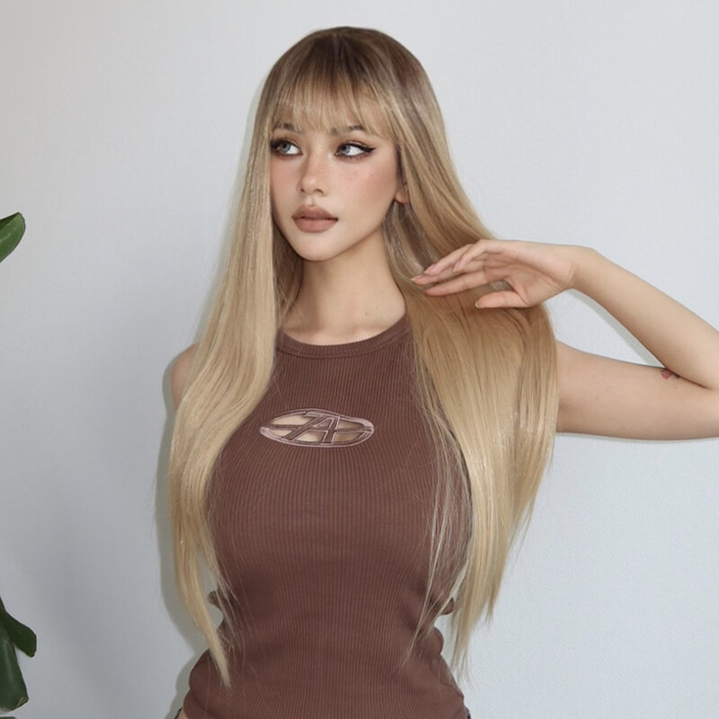 SNQP Long Straight Synthetic Wig with Bangs for Women 26inch Blonde Wig for Daily Cosplay Party Use High Temperature Fiber