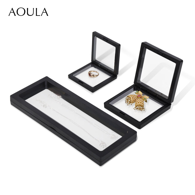 Transparente PE Film Jewelry Storage Box, 3D Floating Display Case, pulseira de colar brinco anel, Dustproof Medal Holder Stand
