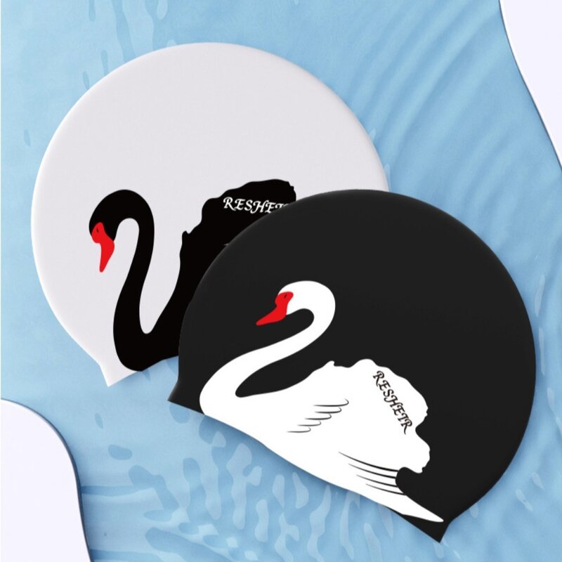 방수 실리콘 젤 수영 모자, 부드러운 귀 보호 인쇄, 백조 프린트 수영 모자