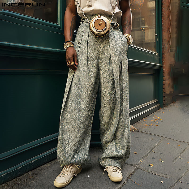 INCERUN-pantalones holgados plisados con botones para hombre, ropa de calle informal, con bolsillos, a la moda, 2024