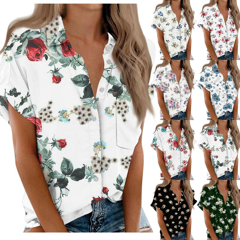 Women Fashion Floral Print Blouse Office Lady Button Down Loose Shirt Chic Chemise Blusas Tops Summer Short Sleeve Shirts