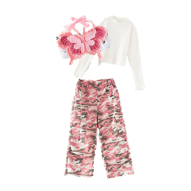 Dziecko Kpop odzież Hip hopowa różowy motyl Top typu Crop Tank kamuflaż na co dzień szerokie spodnie Cargo dla dziewczyny kostiumy do tańca Jazz