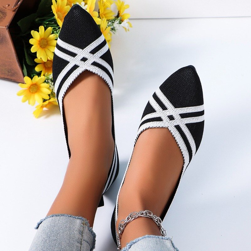 2024 Spring and Autumn Flat Shoes Fashion Leisure Women's Flat Shoes Pointed Knitting Elastic Comfortable Boutique Shoes