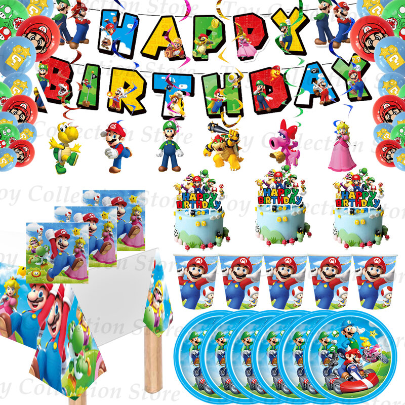 Marioed Bros Boy Favors 파티 용품, 어린이 생일 파티 장식 및 테이블 액세서리, 플레이트 배너 축제 장난감 선물