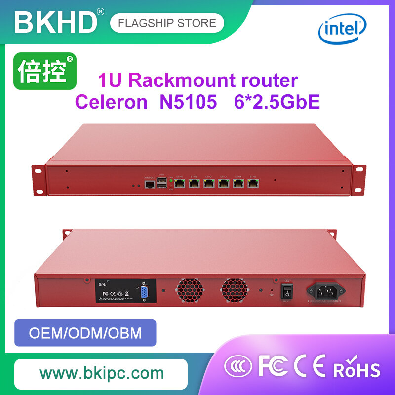 BKHD czerwony 1U urządzenie do montażu w stojaku Firewall Router Celeron N5105 6x2.5G Ethernet Suitabl 1338NPe dla bezpieczeństwa sieci VPN SD-WAN VLAN