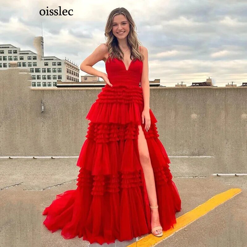 Oisslec Evening Dress Layered Ruffles Prom Dress Splits Fromal Dress A Line Celebrity Dress Tulle Party Dress Elegance Customize