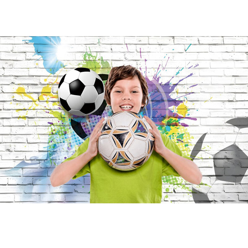 Tema Futebol Fotografia Contexto, parede de tijolo branco, pintura colorida, esporte futebol, fundo retrato, foto adereços, menino aniversário